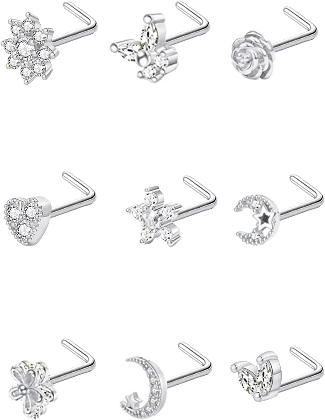 9Pcs 20G Stainless Steel Nose Rings L Shaped Nose Studs Flower Screw Nose Rings for Women Men Nose Piercing Set
