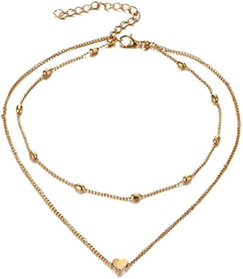 Aimimier Bohemia Layered Choker Necklace Heart Necklace Disc Choker Gold Heart Disc Pendant Necklace Multilayer Station Chain for Women
