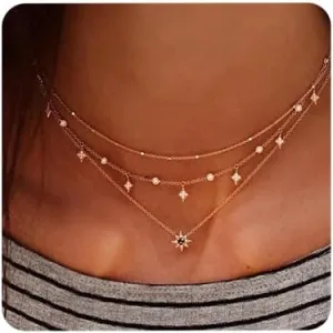 Aimimier Bohemia Layered Choker Necklace Star Necklace Crystal Choker Diamond Star Charm Pendant Necklace Multi-layered Station Chain for Women