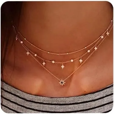 Aimimier Bohemia Layered Choker Necklace Star Necklace Crystal Choker Diamond Star Charm Pendant Necklace Multi-layered Station Chain for Women