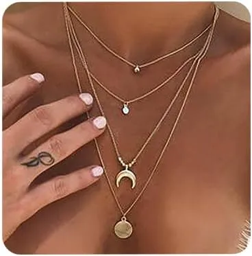 Aimimier Bohemia Sun and Moon Layered Choker Necklace Crescent Moon Necklace Gold Coin Disc Moon Charm Pendant Necklace for Women