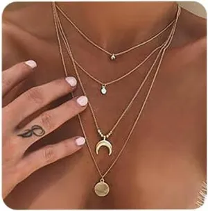 Aimimier Bohemia Sun and Moon Layered Choker Necklace Crescent Moon Necklace Gold Coin Disc Moon Charm Pendant Necklace for Women