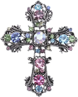 Alilang Antique Silvery Tone Multi Rhinestones Colorful Holy Cross Brooch Pin