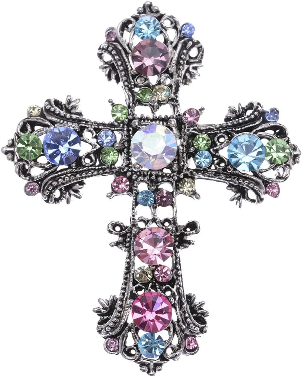 Alilang Antique Silvery Tone Multi Rhinestones Colorful Holy Cross Brooch Pin