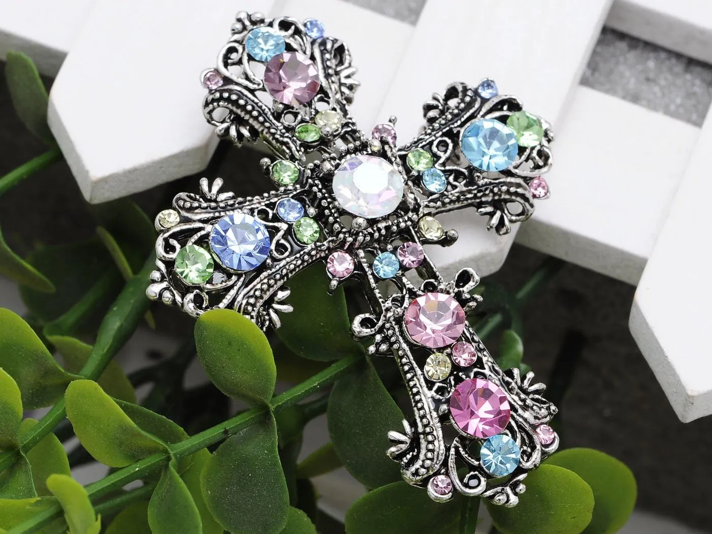 Alilang Antique Silvery Tone Multi Rhinestones Colorful Holy Cross Brooch Pin
