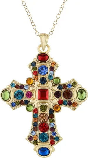 Alilang Ornate Antique Golden Tone Colorful Rhinestone Cross Pendant Necklace
