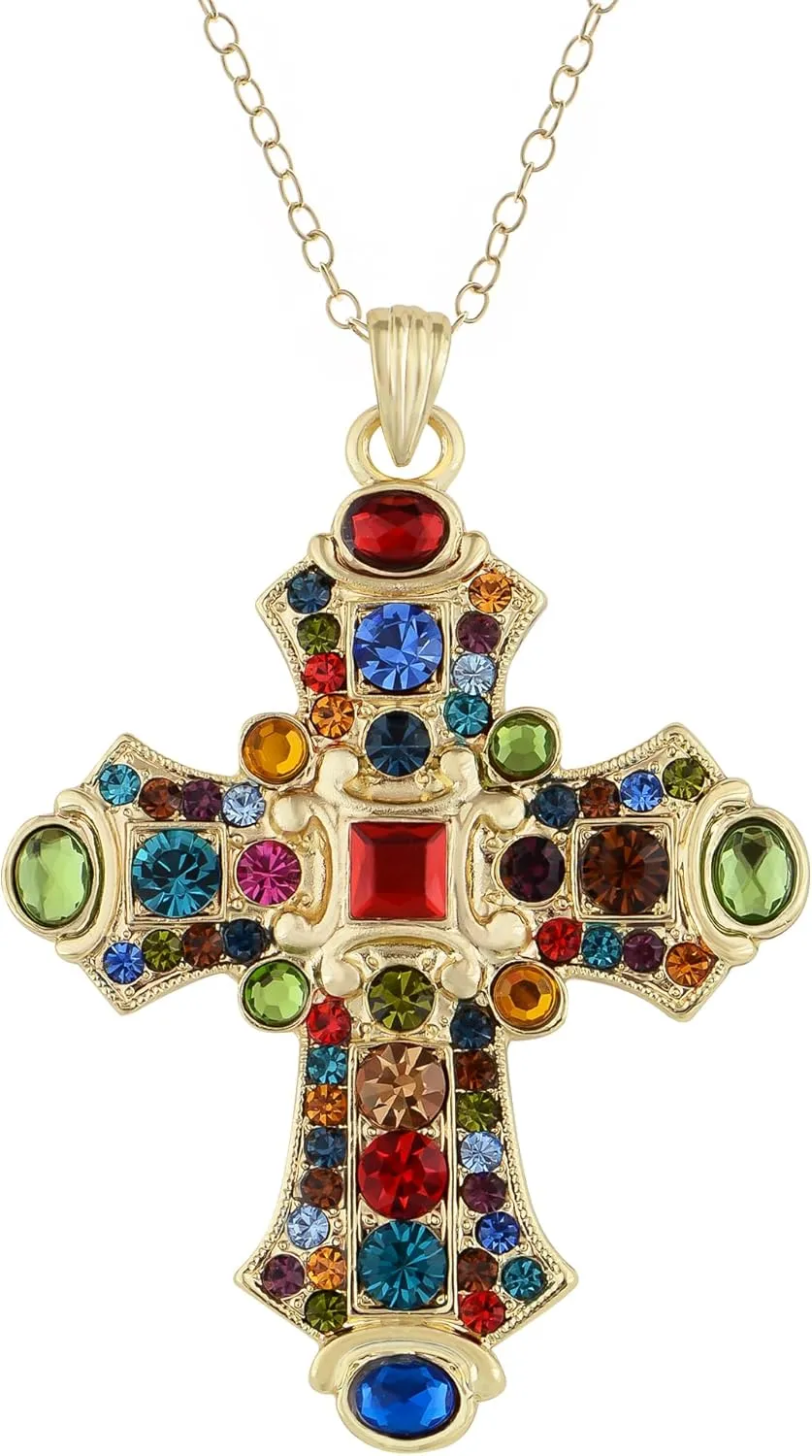 Alilang Ornate Antique Golden Tone Colorful Rhinestone Cross Pendant Necklace