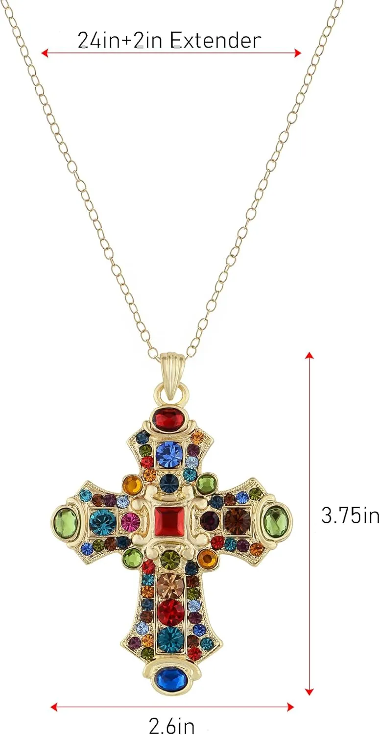 Alilang Ornate Antique Golden Tone Colorful Rhinestone Cross Pendant Necklace