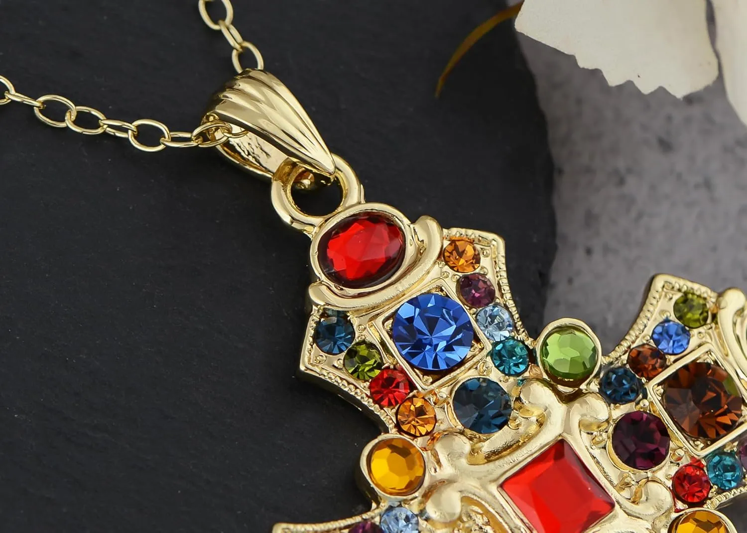 Alilang Ornate Antique Golden Tone Colorful Rhinestone Cross Pendant Necklace
