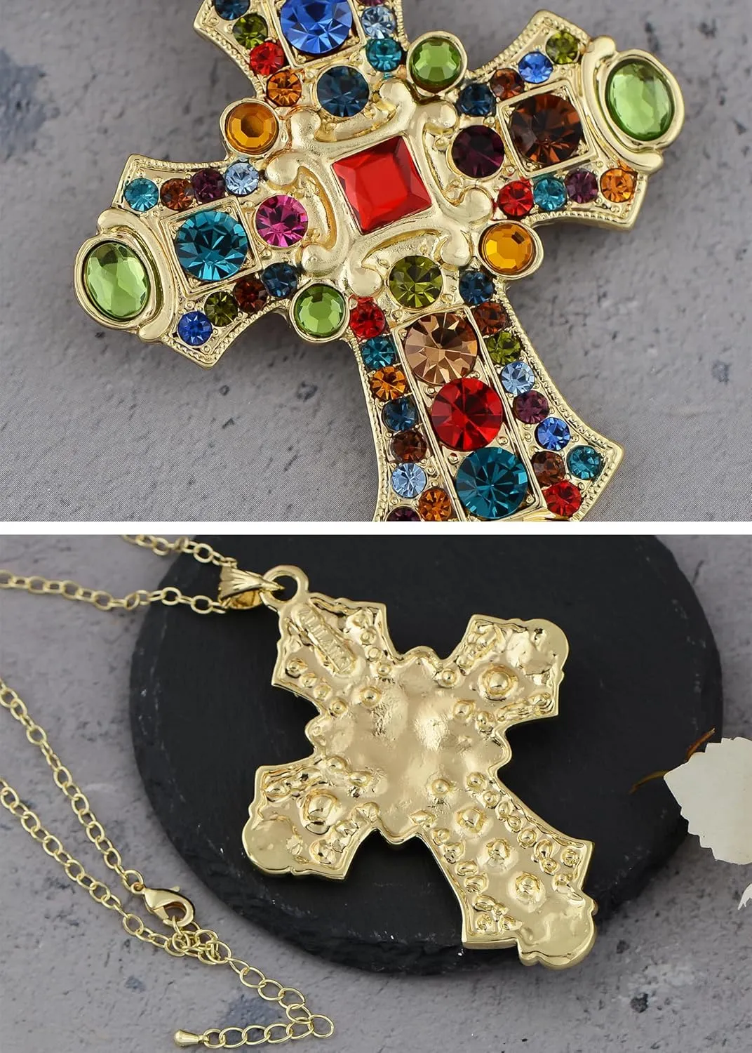 Alilang Ornate Antique Golden Tone Colorful Rhinestone Cross Pendant Necklace