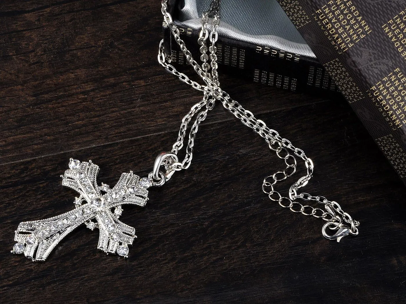 Alilang Silvery Tone Religious Cross Pendant Necklace w/Aquamarine Blue Or Clear Crystal Rhinestones