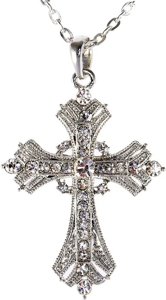 Alilang Silvery Tone Religious Cross Pendant Necklace w/Aquamarine Blue Or Clear Crystal Rhinestones