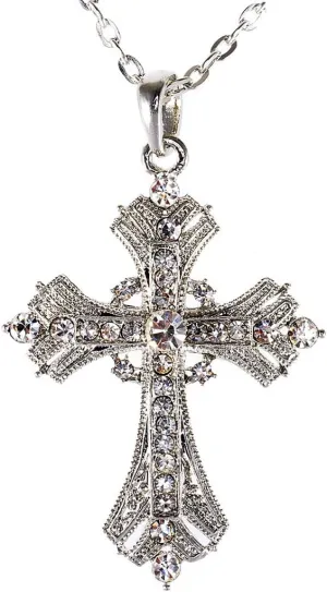 Alilang Silvery Tone Religious Cross Pendant Necklace w/Aquamarine Blue Or Clear Crystal Rhinestones