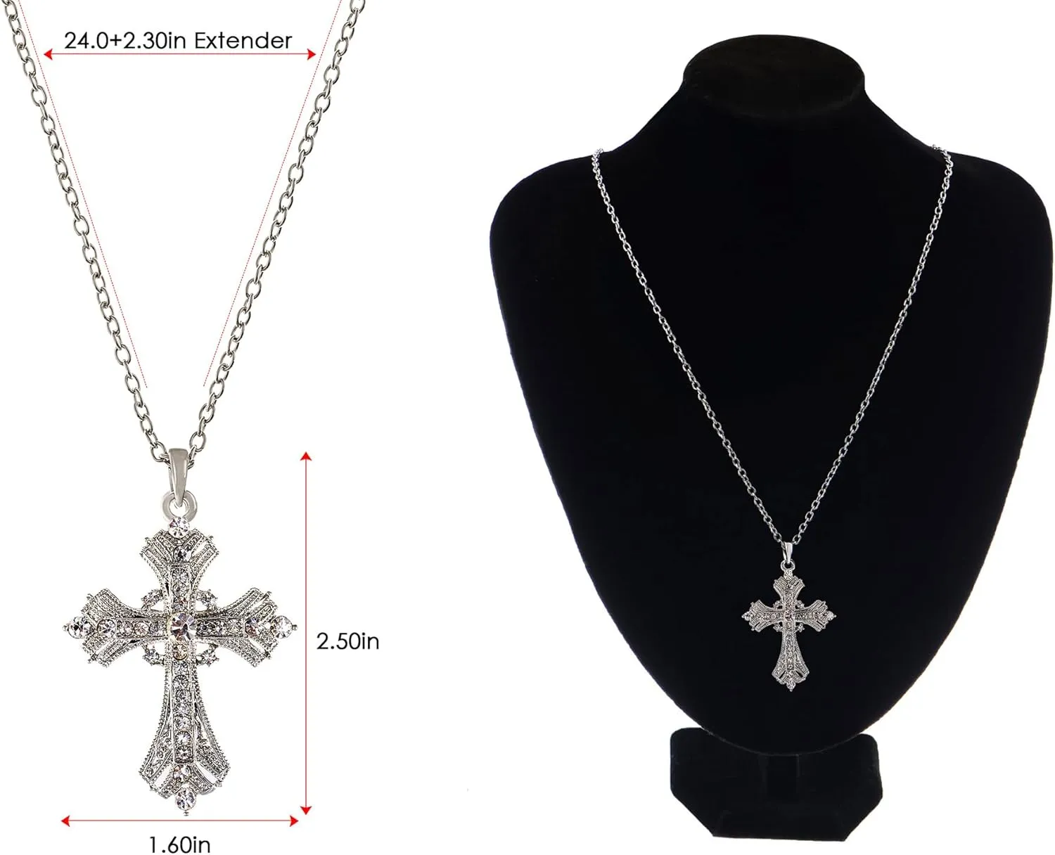 Alilang Silvery Tone Religious Cross Pendant Necklace w/Aquamarine Blue Or Clear Crystal Rhinestones