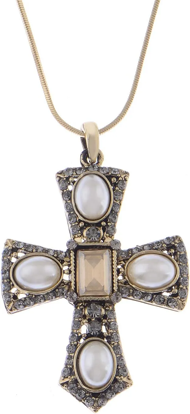 Alilang Women's Antique Gold Toned Faux Pearl Gray Topaz Crystals Faith Cross Pendant Necklace