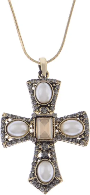 Alilang Women's Antique Gold Toned Faux Pearl Gray Topaz Crystals Faith Cross Pendant Necklace