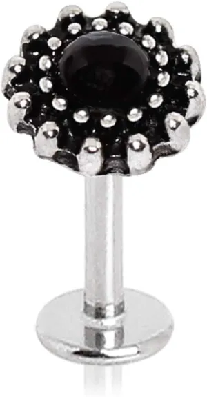 Amelia Fashion 16 Gauge Ornate Black Faux Pearl Center Labret/Monroe/Ear Cartilage Stud 316L Surgical Steel