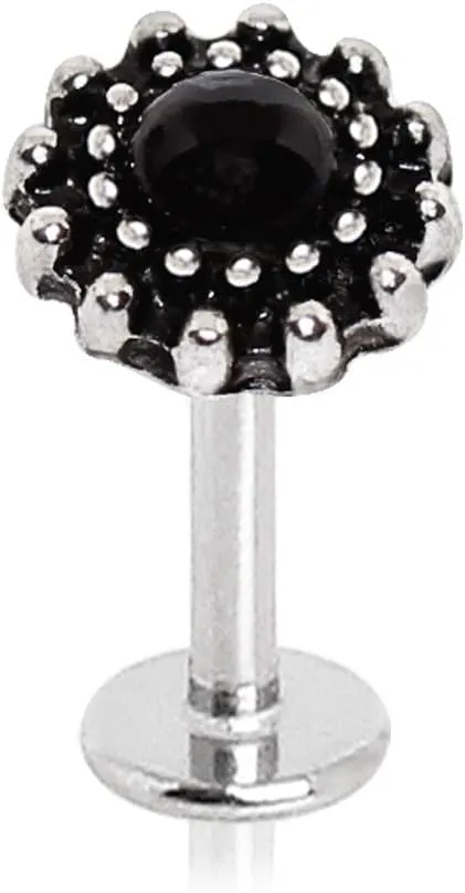 Amelia Fashion 16 Gauge Ornate Black Faux Pearl Center Labret/Monroe/Ear Cartilage Stud 316L Surgical Steel