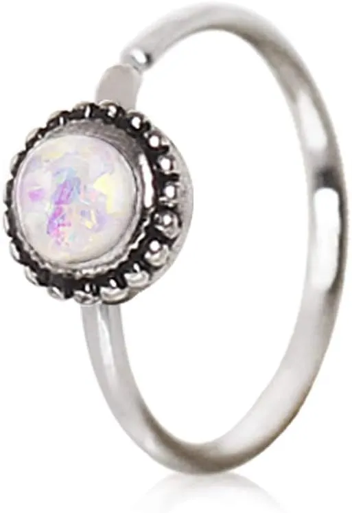 Amelia Fashion 18 Gauge White Synthetic Opal Ornate Bendable Nose Hoop/Cartilage Ring 316L Surgical Steel