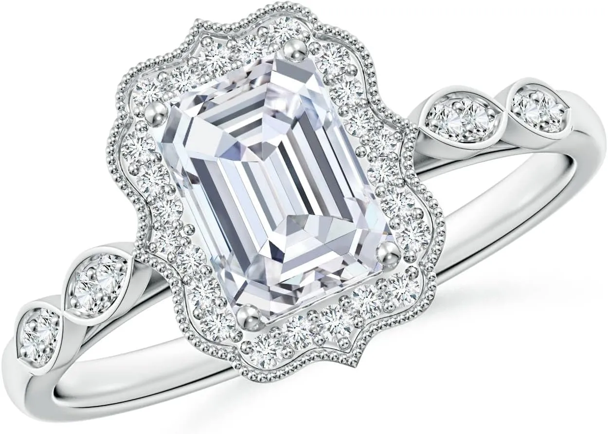 Angara Lab Grown Vintage Inspired Emerald-Cut Diamond Ornate Halo Engagement Ring in Silver / 14K Solid Gold/Platinum | April Birthstone, Birthday, Anniversary, Wedding Jewelry Gift for Women