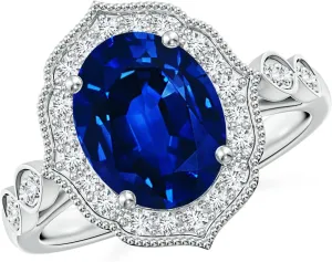 Angara Lab Grown Vintage Inspired Oval Blue Sapphire Ornate Halo Engagement Ring in 14K Solid Gold/Platinum | September Birthstone, Birthday, Anniversary, Wedding Jewelry Gift for Women