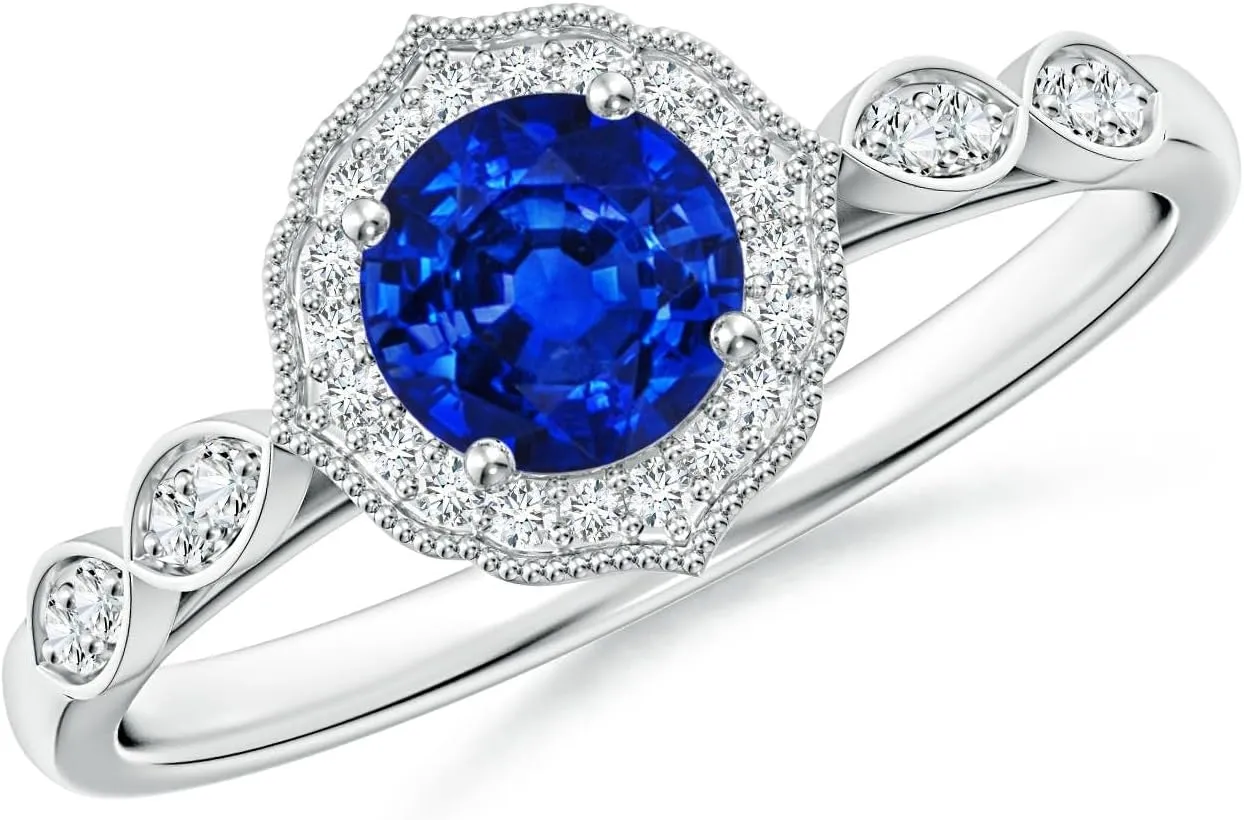 Angara Lab Grown Vintage Inspired Round Blue Sapphire Ornate Halo Engagement Ring in 14K Solid Gold/Platinum | September Birthstone, Birthday, Anniversary, Wedding Jewelry Gift for Women