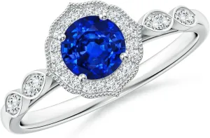 Angara Lab Grown Vintage Inspired Round Blue Sapphire Ornate Halo Engagement Ring in 14K Solid Gold/Platinum | September Birthstone, Birthday, Anniversary, Wedding Jewelry Gift for Women