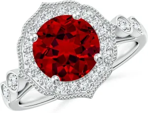 Angara Lab Grown Vintage Inspired Round Ruby Ornate Halo Engagement Ring in 14K Solid Gold/Platinum | July Birthstone, Birthday, Anniversary, Wedding Jewelry Gift for Women