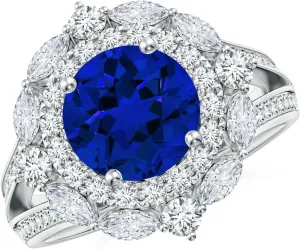 Angara Ornate Round Lab Grown Blue Sapphire Halo Engagement Ring in 14K Solid Gold/Platinum | Birthday, Anniversary, Wedding Jewelry Gift for Women