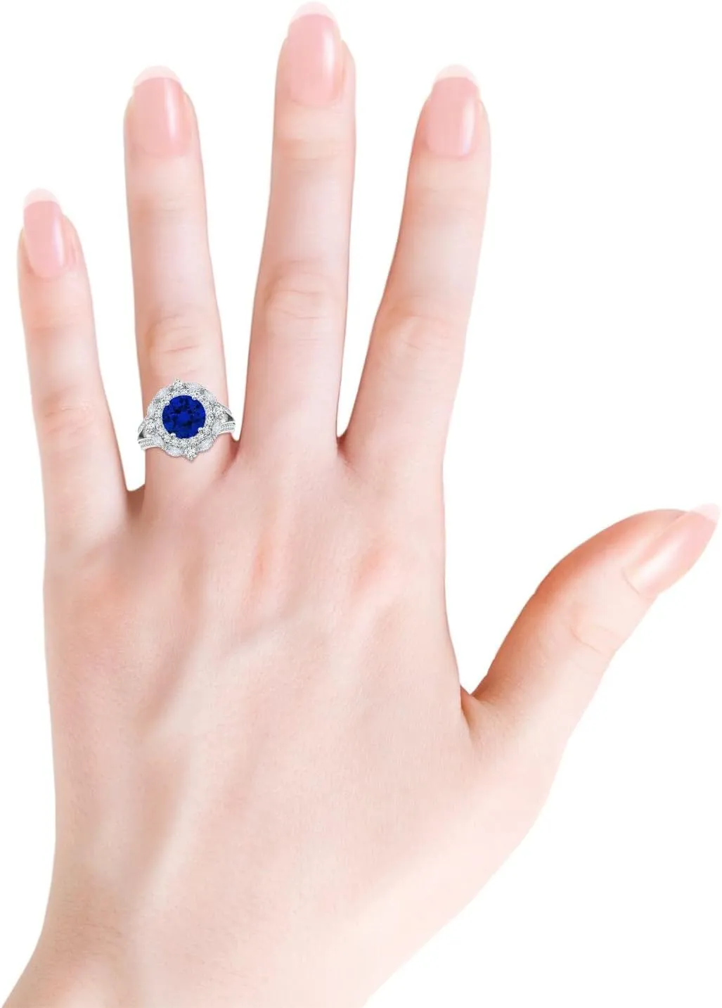 Angara Ornate Round Lab Grown Blue Sapphire Halo Engagement Ring in 14K Solid Gold/Platinum | Birthday, Anniversary, Wedding Jewelry Gift for Women