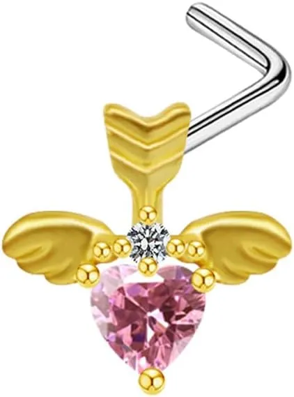 Angel Wing Moon Pink Heart CZ Cubic Zirconia Nose Studs L Shaped 20g Nose Rings for Women Girls Nose Piercing Jewelry Surgical Steel 18K Gold Plated Hypoallergenic Piercing Jewelry Trendy Unique Dainty Gifts
