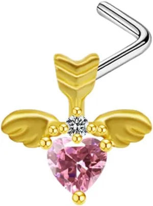 Angel Wing Moon Pink Heart CZ Cubic Zirconia Nose Studs L Shaped 20g Nose Rings for Women Girls Nose Piercing Jewelry Surgical Steel 18K Gold Plated Hypoallergenic Piercing Jewelry Trendy Unique Dainty Gifts