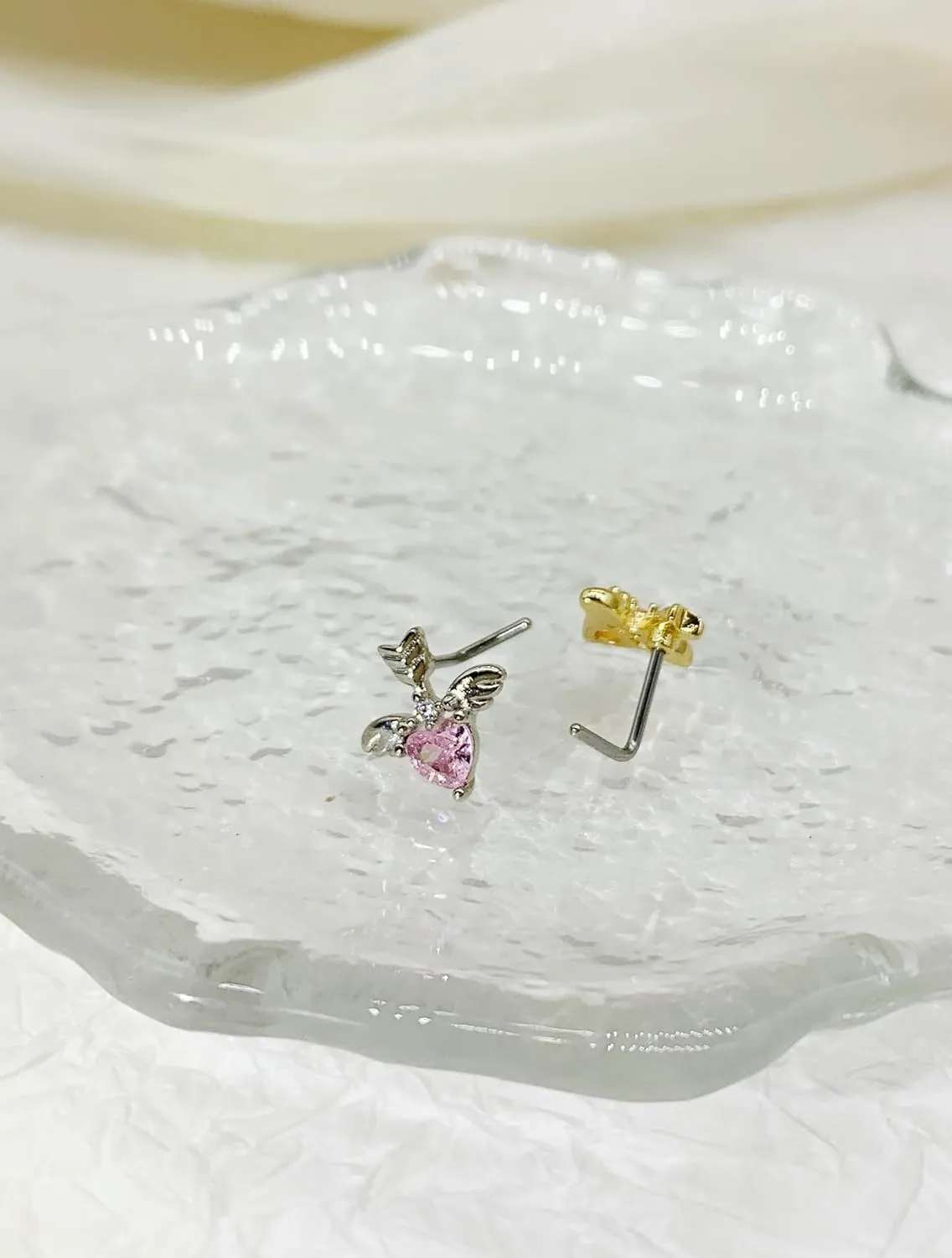 Angel Wing Moon Pink Heart CZ Cubic Zirconia Nose Studs L Shaped 20g Nose Rings for Women Girls Nose Piercing Jewelry Surgical Steel 18K Gold Plated Hypoallergenic Piercing Jewelry Trendy Unique Dainty Gifts