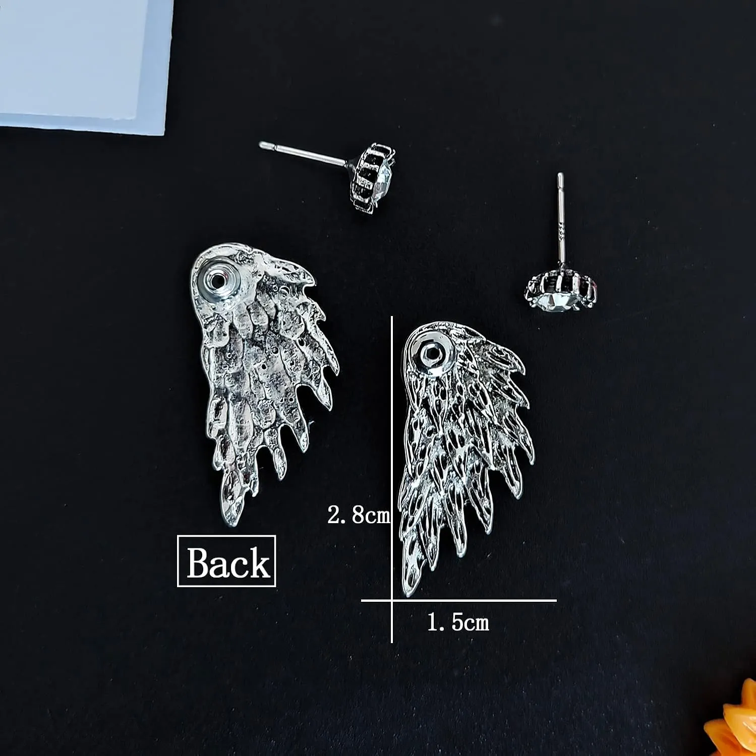 Angel Wing Stud Earrings for Women Punk gothic Ear Cuff Earrings for Women Front Back Ear Wrap Pin Crystal Charm Jewelry (silver)