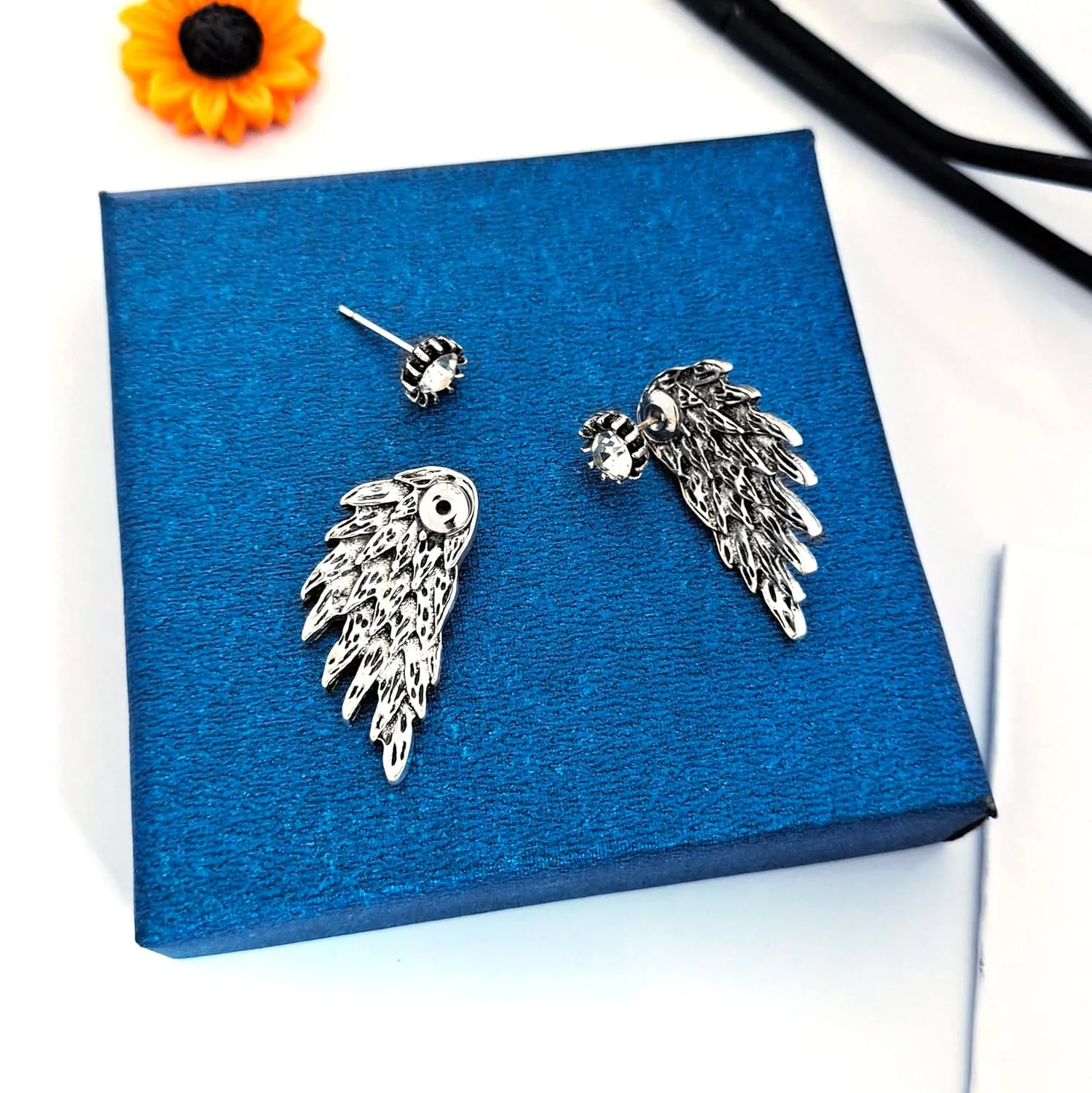 Angel Wing Stud Earrings for Women Punk gothic Ear Cuff Earrings for Women Front Back Ear Wrap Pin Crystal Charm Jewelry (silver)