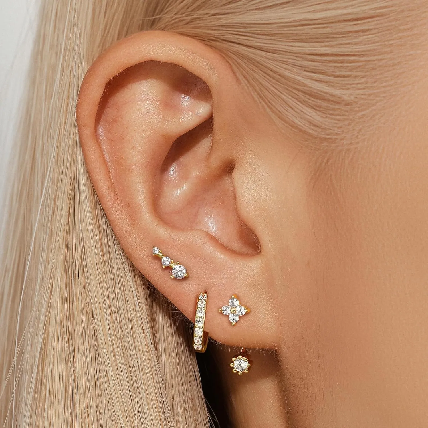 Angelady 3 Pairs Gold Hoop Earrings Set for Women, 14K Small Huggie Earring for Multiple Piercing Hypoallergenic Earring Stacks Trendy Jewelry, Dainty Sun Flower Stud Earrings for Women's Gifts