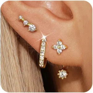 Angelady 3 Pairs Gold Hoop Earrings Set for Women, 14K Small Huggie Earring for Multiple Piercing Hypoallergenic Earring Stacks Trendy Jewelry, Dainty Sun Flower Stud Earrings for Women's Gifts