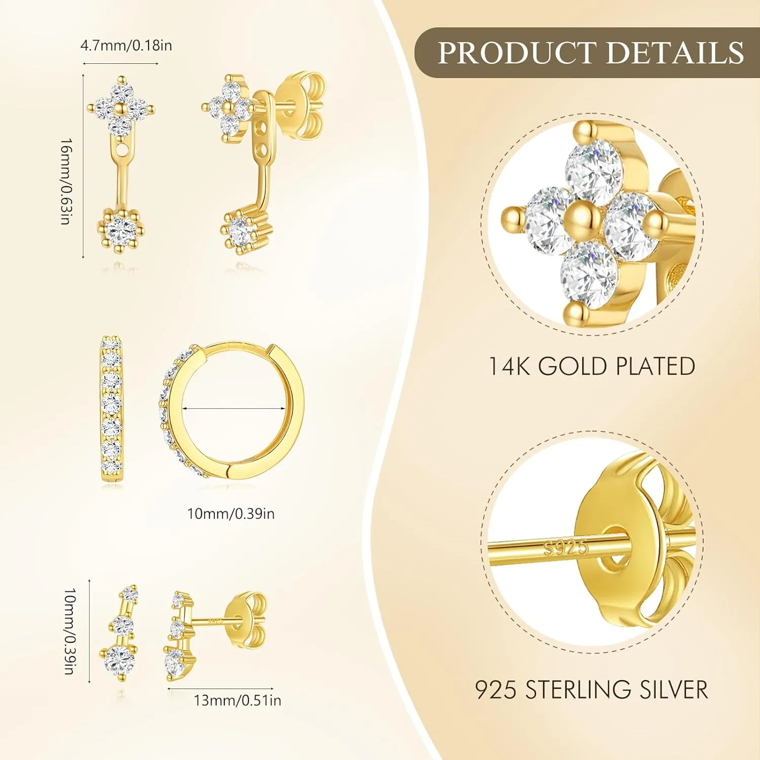 Angelady 3 Pairs Gold Hoop Earrings Set for Women, 14K Small Huggie Earring for Multiple Piercing Hypoallergenic Earring Stacks Trendy Jewelry, Dainty Sun Flower Stud Earrings for Women's Gifts