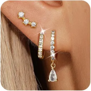 Angelady Gold Hoop Earrings Set for Women, 14K Gold Plated Huggie Earring Trendy, Dainty Hypoallergenic Earring Stacks, Cartilage Small Stud Dangle Earrings multiple piercing, Jewelry Gifts 3 Pairs