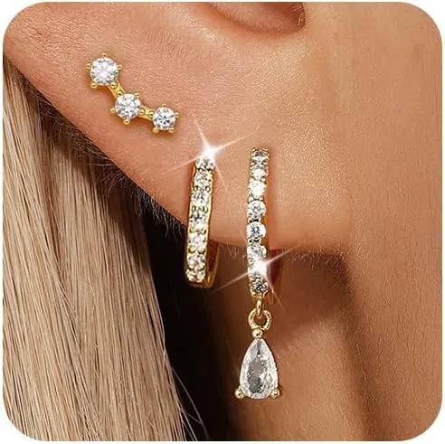 Angelady Gold Hoop Earrings Set for Women, 14K Gold Plated Huggie Earring Trendy, Dainty Hypoallergenic Earring Stacks, Cartilage Small Stud Dangle Earrings multiple piercing, Jewelry Gifts 3 Pairs
