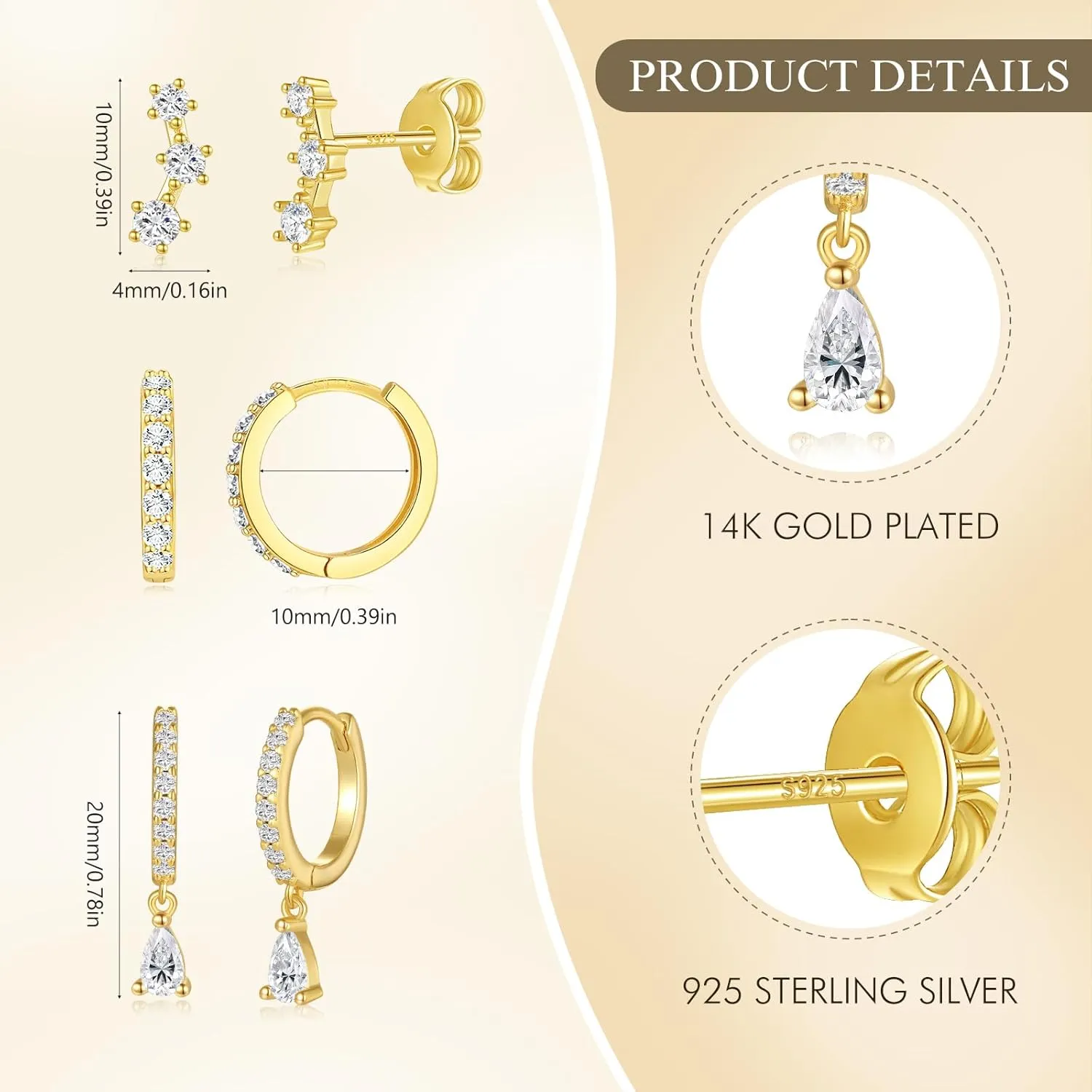 Angelady Gold Hoop Earrings Set for Women, 14K Gold Plated Huggie Earring Trendy, Dainty Hypoallergenic Earring Stacks, Cartilage Small Stud Dangle Earrings multiple piercing, Jewelry Gifts 3 Pairs