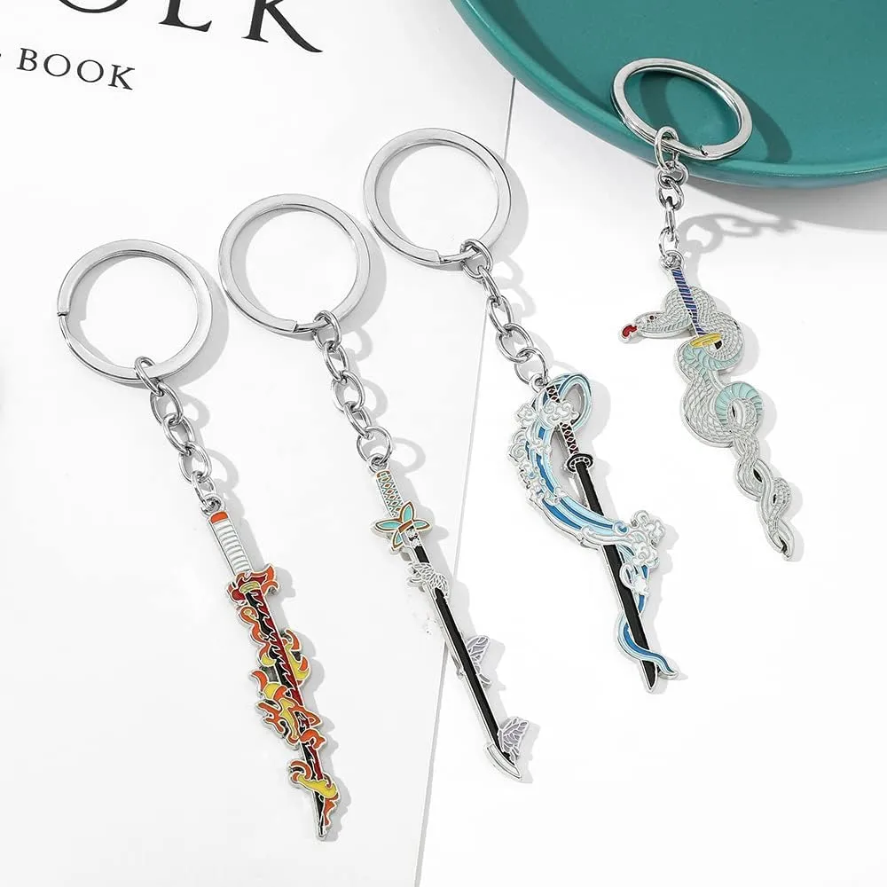 Anime Slayer Keychain Pin Set - Cartoon Figures 9 Hashiras Mini Katana Sword Key Chains Enamel Pin Jewelry Men Women