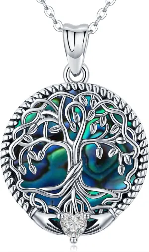 Aniu Tree of Life Necklace for Women S925 Sterling Silver Abalone Shell/Opal/Malachite/Crystal/Moonstone Celtic Family Tree Pendant Anniversary Birthday Gift for Mom Grandma Tree Jewelry Gifts for Her