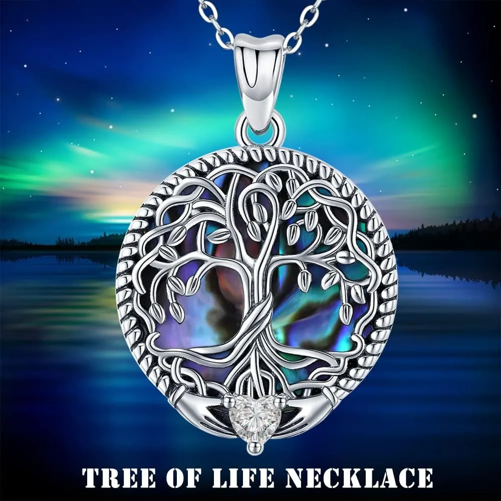 Aniu Tree of Life Necklace for Women S925 Sterling Silver Abalone Shell/Opal/Malachite/Crystal/Moonstone Celtic Family Tree Pendant Anniversary Birthday Gift for Mom Grandma Tree Jewelry Gifts for Her