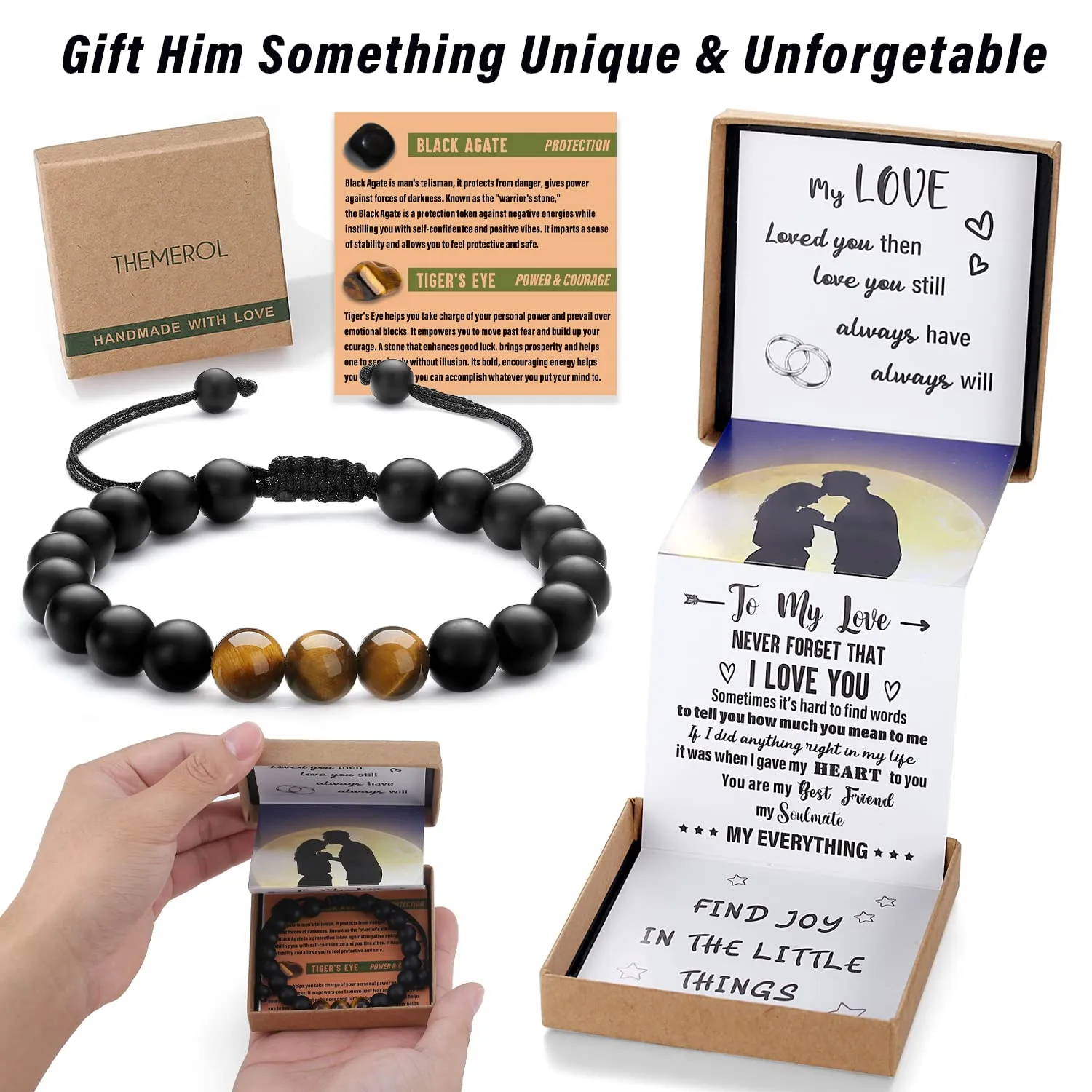 Anniversary Gifts for Him Boyfriend Birthday Gifts for Husband Fathes Day Tiger Eye Beaded Bracelets Men One Year Sentimental Meaningful Gifts Christmas Valentines Easter Stocking Stuffers