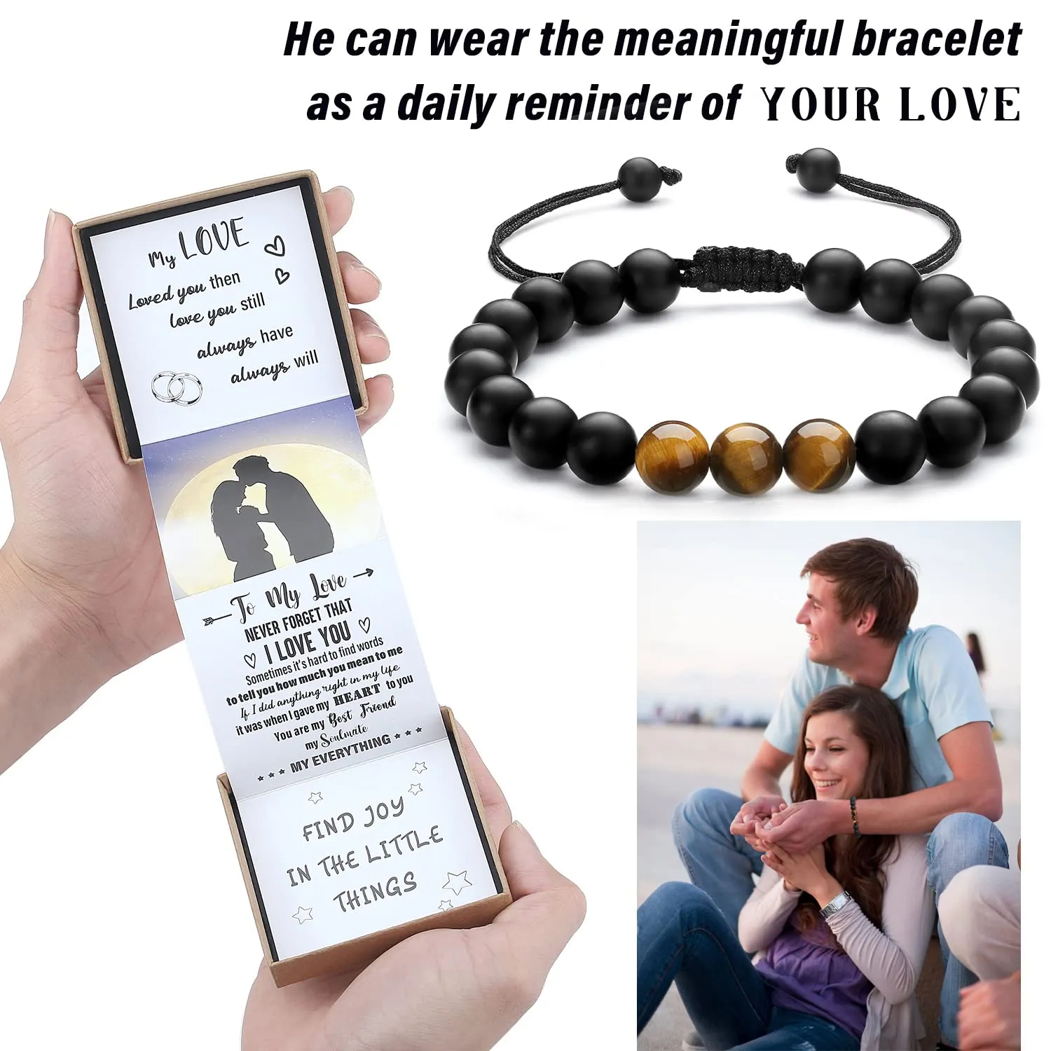 Anniversary Gifts for Him Boyfriend Birthday Gifts for Husband Fathes Day Tiger Eye Beaded Bracelets Men One Year Sentimental Meaningful Gifts Christmas Valentines Easter Stocking Stuffers