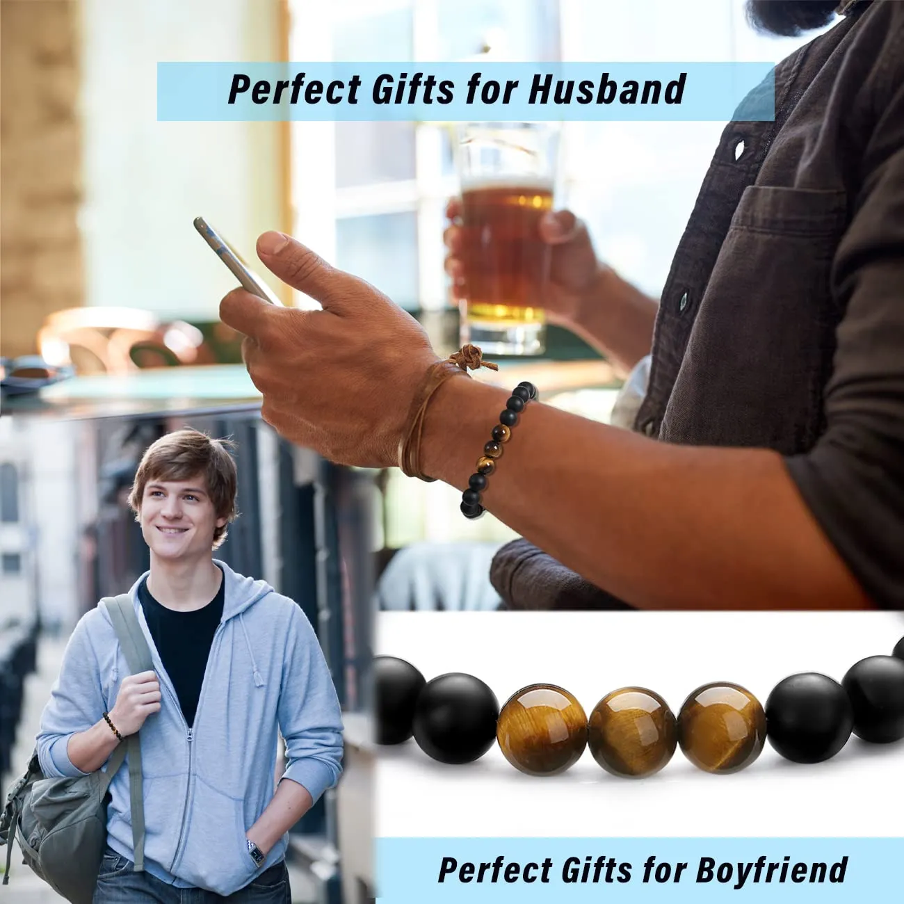 Anniversary Gifts for Him Boyfriend Birthday Gifts for Husband Fathes Day Tiger Eye Beaded Bracelets Men One Year Sentimental Meaningful Gifts Christmas Valentines Easter Stocking Stuffers