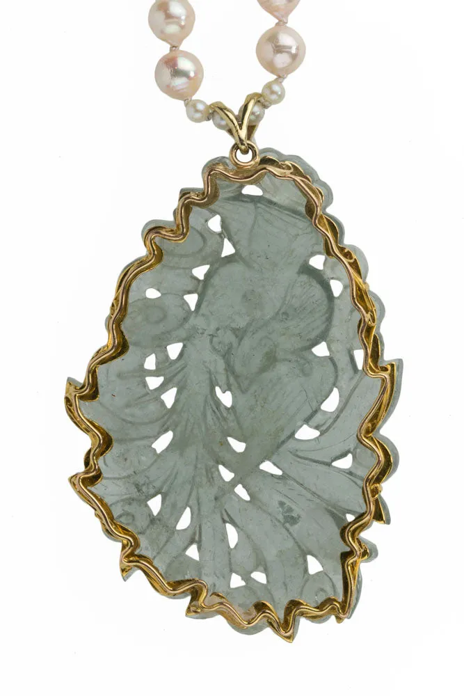 Aquamarine carved pendant with Japanese Akoya semi-baroque pearls and tourmaline beads. 18", 14kt. pdgm116