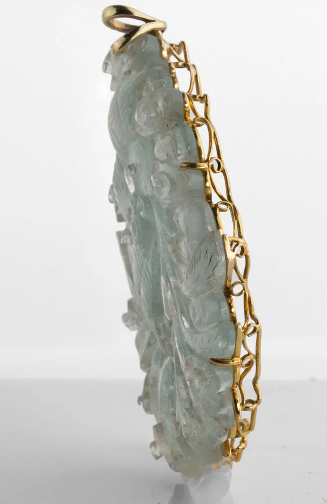 Aquamarine carved pendant with Japanese Akoya semi-baroque pearls and tourmaline beads. 18", 14kt. pdgm116