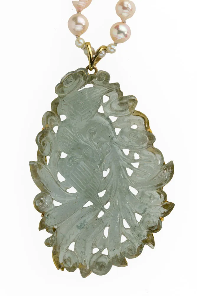 Aquamarine carved pendant with Japanese Akoya semi-baroque pearls and tourmaline beads. 18", 14kt. pdgm116